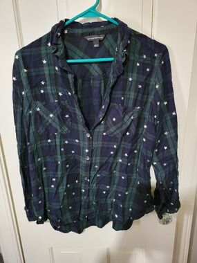 Rock & Republic Navy and Green Plaid with Star Print